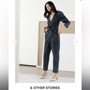 Stonewashed denim puff sleeve jumpsuit size 0/XS